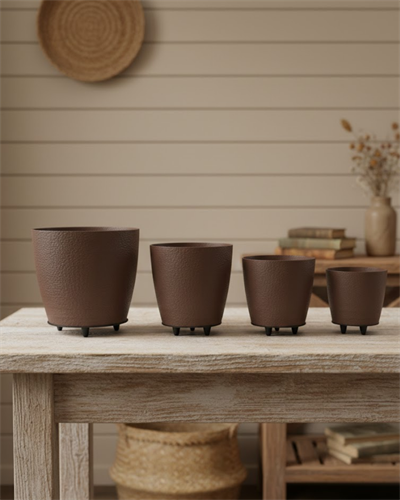 4’lü 3D Şık Kahverengi Vazo Seti Modern Ayaklı Saksı