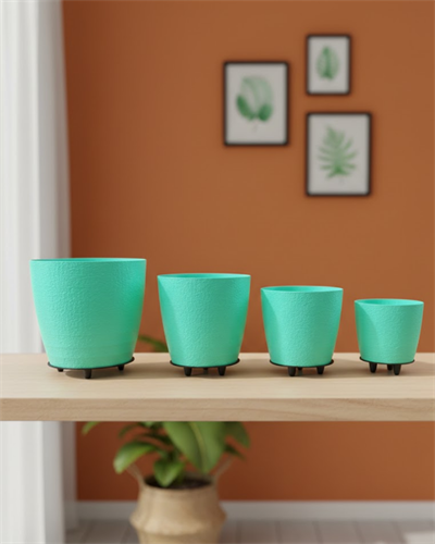 4’lü 3D Yeşil Dekoratif Vazo Seti Modern Ayaklı Şık Saksı Takımı