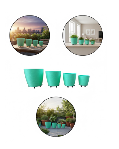 4’lü 3D Yeşil Dekoratif Vazo Seti Modern Ayaklı Şık Saksı Takımı