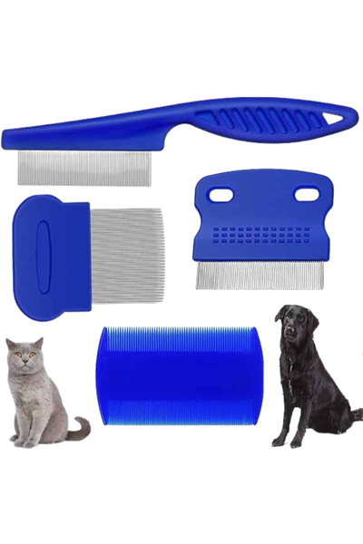 4lü Bit Pire Tarağı Set Kedi Köpek Evcil Hayvan Tüy Toplayıcı Mavi