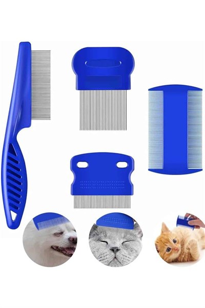 4lü Bit Pire Tarağı Set Kedi Köpek Evcil Hayvan Tüy Toplayıcı Mavi