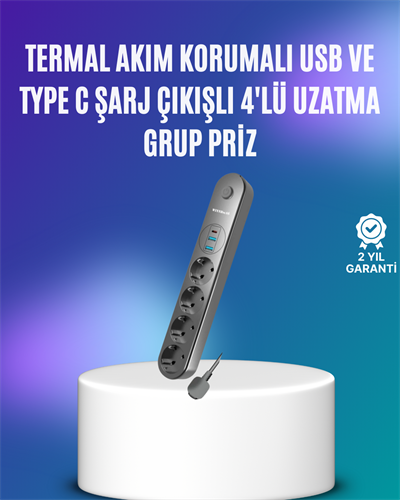 4’lü Çoklu Priz 2 USB Type-C Girişli Akım Korumalı Siyah