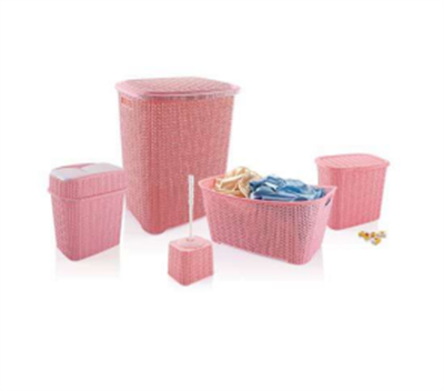 5 Parça Örgü Desenli Plastik Banyo Seti Çamaşır Sepeti Deterjanlık Klik Çöp Kovası Klozet Fırçası