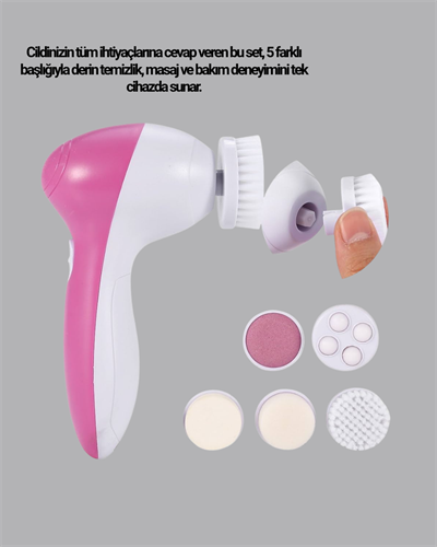 5’i 1 Arada Yüz Temizleme Cihazı – Masaj, Fırça, Peeling ve Krem Uygulama Aparatlı
