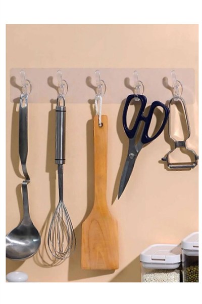 5li Kendinden Yapışkanlı Güçlü Şeffaf Askılık - Kapı Arkası Mutfak Duvar Banyo Askı