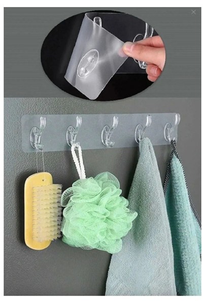 5li Kendinden Yapışkanlı Güçlü Şeffaf Askılık - Kapı Arkası Mutfak Duvar Banyo Askı
