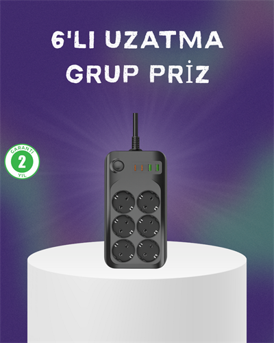 6 Prizli Çoklu Uzatma Kablosu USB Type-C Hızlı Şarj Termal Koruma