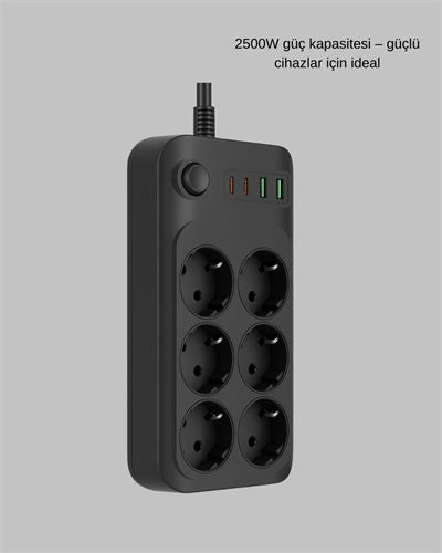 6 Prizli Çoklu Uzatma Kablosu USB Type-C Hızlı Şarj Termal Koruma