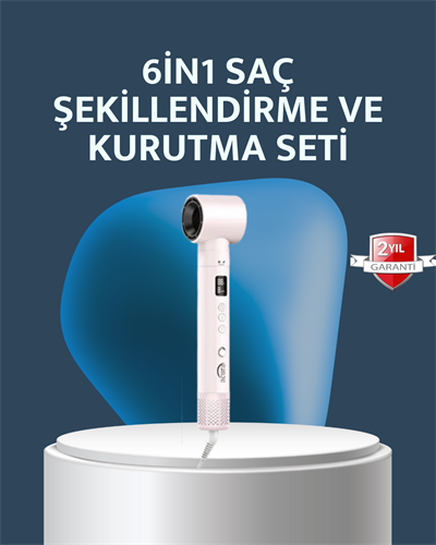 6-in-1 Saç Şekillendirme Seti Yüksek Hızlı Motor Negatif İyon LCD Ekran