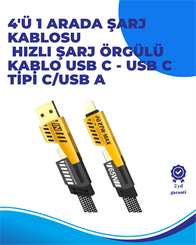 65W 4ü 1 Arada Çoklu Şarj Kablosu – USB-C, USB-A, Lightning, Veri ve Şarj Desteği