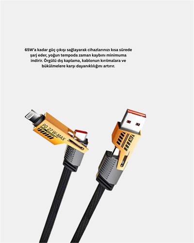 65W Çoklu Şarj Kablosu 4’ü 1 Arada Örgülü Hızlı Veri Aktarım USB-C USB-A