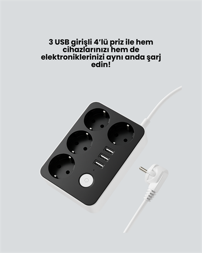 7 Cihazı Aynı Anda Destekleyen 3 USB Portlu 4’lü Priz