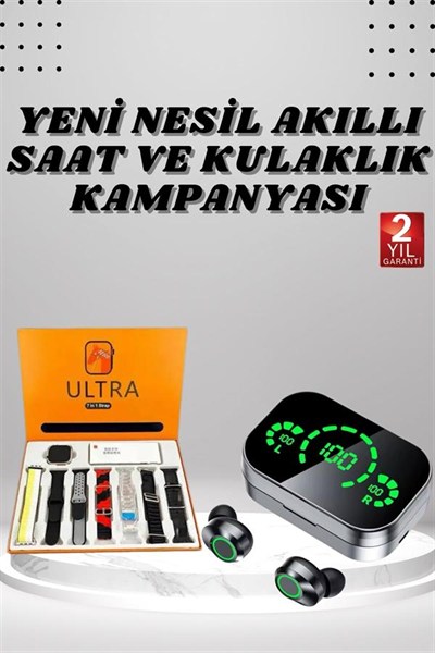 7 Kordonlu Akıllı Saat Ve Aynalı Bluetooth Kulaklık Powerbank Dijital Göstergeli