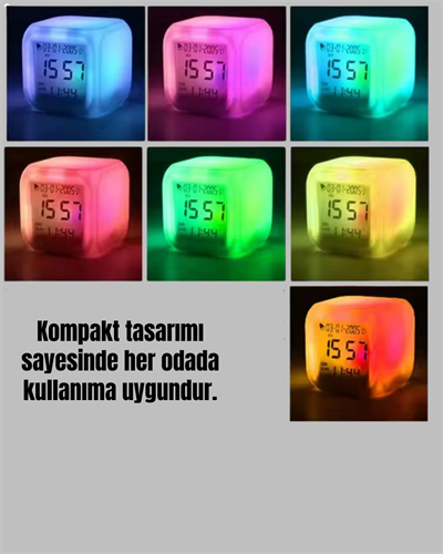 7 Renk LED Işıklı Alarmlı Dijital Küp Masa Saati Termometreli