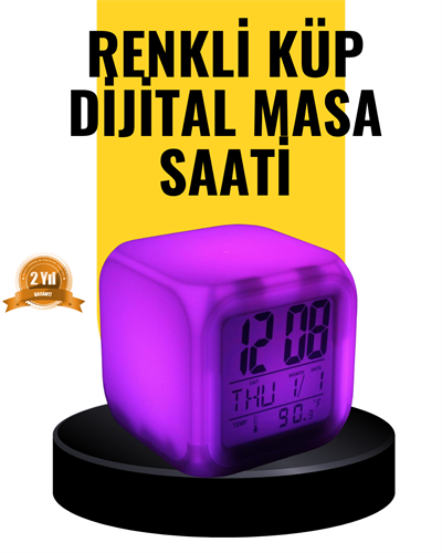 7 Renk LED Işıklı Alarmlı Dijital Küp Masa Saati Termometreli