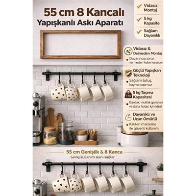8 Kancalı Yapışkanlı Askı Aparatı
