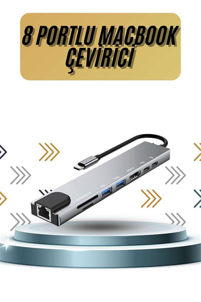 8 Portlu Macbook Çevirici Type C Hub  SD TF USB Çoğaltıcı Ethernet