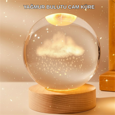 8 cm 3D Yağmur Bulutu Kristal Küre LED Gece Lambası Ahşap Standlı Tasarım Lamba