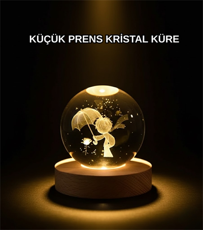 8 cm Küçük Prens 3D Kristal Küre USB Işıklı Ahşap Altlıklı Dekoratif Lamba