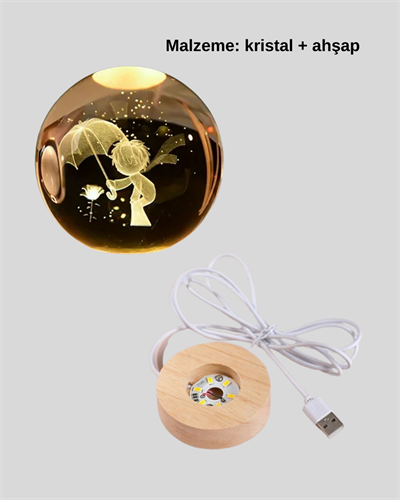 8 cm Küçük Prens 3D Kristal Küre USB Işıklı Ahşap Altlıklı Dekoratif Lamba