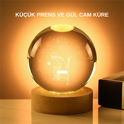 8 cm Küçük Prens Cam Küre USB Işıklı Ahşap Tabanlı Dekor
