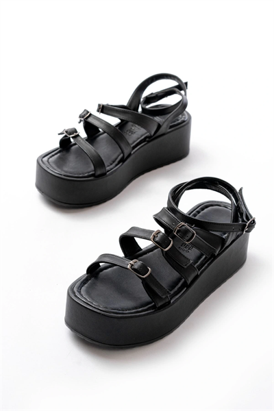 861-1222 Siyah Tokalı Bilekten Bağlamalı Dolgu Kadın Sandalet