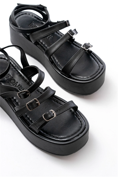 861-1222 Siyah Tokalı Bilekten Bağlamalı Dolgu Kadın Sandalet