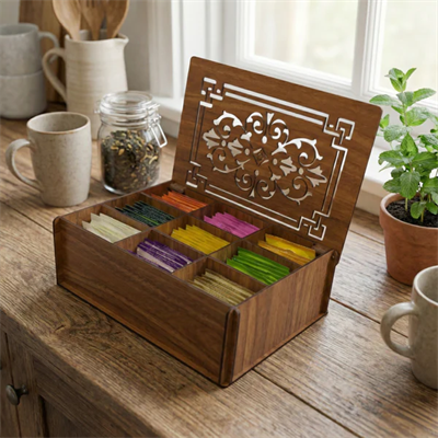 9 Bölmeli Ahşap Bitki Çayı Organizeri Kapaklı MDF Çay Kutusu Kahve Köşesi Düzenleyici