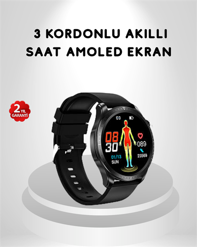 AMOLED Ekranlı Akıllı Saat – 3 Kordon Seçenekli, Suya Dayanıklı, Kalp Atış ve Uyku Takip Özellikli