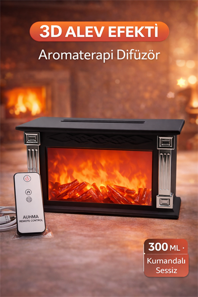 AUHMA Fireplace Aromaterapi Difüzör 300ML Ultrasonik Hava Nemlendirici Kumandalı 3D Alev Efektli Buhar Makinesi
