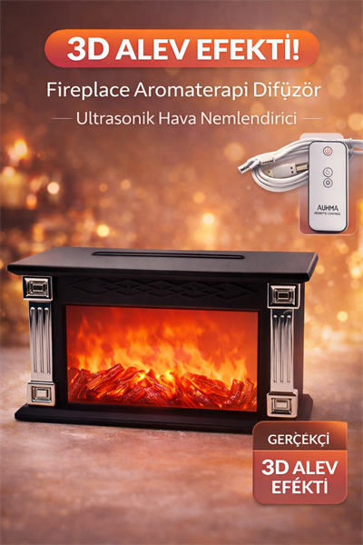 AUHMA Fireplace Aromaterapi Difüzör 300ML Ultrasonik Hava Nemlendirici Kumandalı 3D Alev Efektli Buhar Makinesi