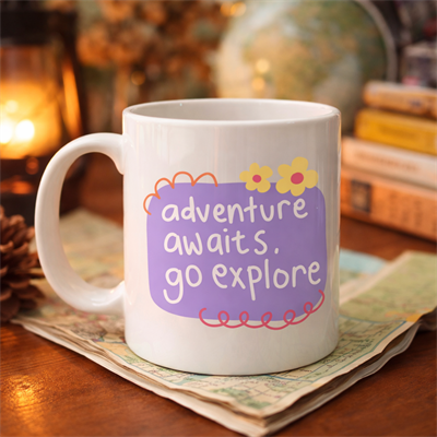 Adventure Awaits Go Explore Yazılı Porselen Kupa MODEL 157 – Motivasyon Temalı, Sevimli Tasarım, Kahve & Çay Kupası
