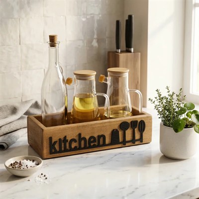 Ahşap Mutfak Organizeri Yağdanlık Standı Kitchen Yazılı Tezgah Üstü Şişe Düzenleyici