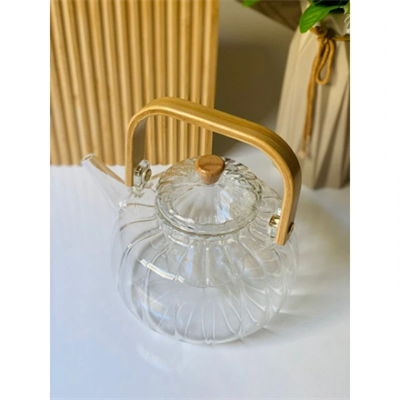 Ahşap Saplı Cam Çizgili Demlik