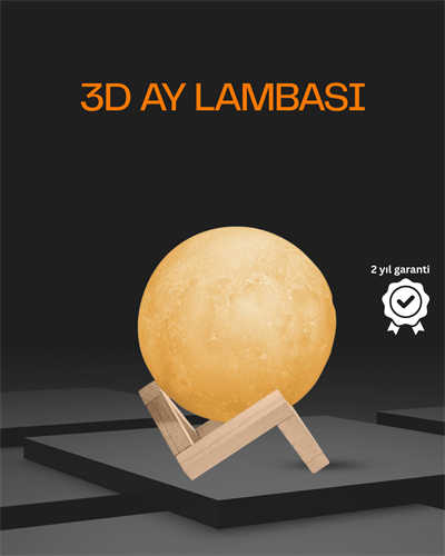 Ahşap Standlı 3D Baskı Ay Lambası 16 Renkli ve Şarjlı
