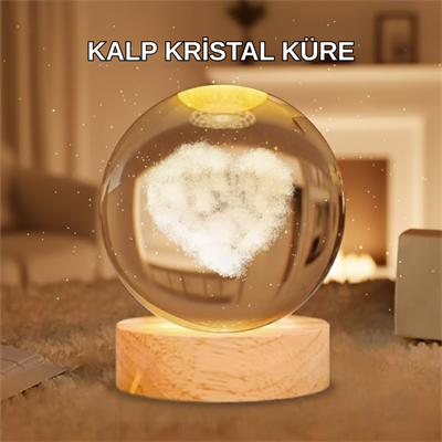 Ahşap Standlı Kalp Motifli Işıklı Cam Küre Hediye Seçeneği