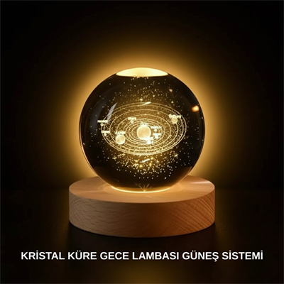 Ahşap Standlı LED Kristal Küre Lazer İşlemeli Dekoratif Obje