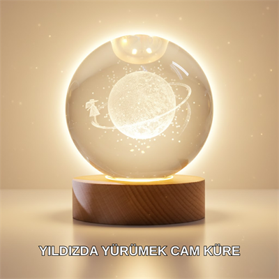 Ahşap Standlı Sarı Işıklı Dekoratif Küre Kız Figürü Tasarım