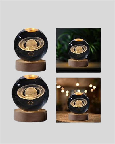 Ahşap Tabanlı 3D Satürn Kristal Küre Atmosfer Lambası