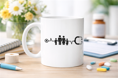 Aile ve Kalp Ritmi Tasarımlı Porselen Kupa MODEL 171 – Stetoskop Temalı Sağlık Çalışanı Kahve Kupası – Doktor ve Hemşire Hediyesi