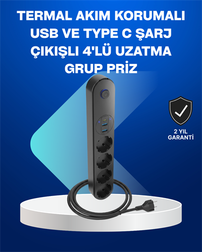 Akıllı Akım Dengelemeli 4’lü Çoklu Priz Type-C ve USB Çıkışlı