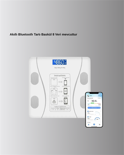 Akıllı Dijital Baskül – Bluetooth Bağlantılı, 8 Ölçüm Verili, Akıllı Vücut Analiz Tartısı