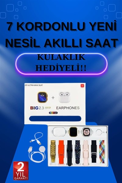 Akıllı Saat 7 Kordonlu Kulaklık Hediyeli Nabız Ölçer Uyku Takibi Sesli Görüşme