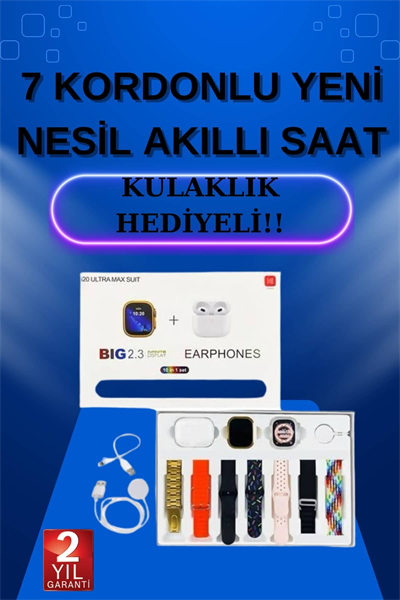 Akıllı Saat 7 Kordonlu Kulaklık Hediyeli Nabız Ölçer Uyku Takibi Sesli Görüşme