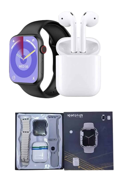 Akıllı Saat Gümüş Kasa Bluetooth Kulaklık Hediyeli Çok Fonksiyonlu İkili Set