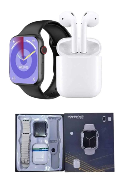 Akıllı Saat Gümüş Kasa Bluetooth Kulaklık Hediyeli Çok Fonksiyonlu İkili Set