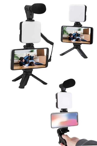 Akıllı Telefon Vlog Kiti Tripod Mini Mikrofonlu Telefon Tutucu