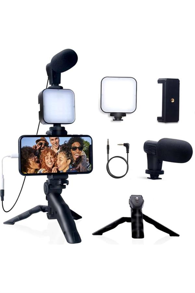 Akıllı Telefon Vlog Kiti Tripod Mini Mikrofonlu Telefon Tutucu