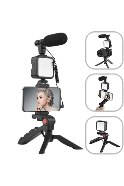 Akıllı Telefon Vlog Kiti Tripod Mini Mikrofonlu Telefon Tutucu