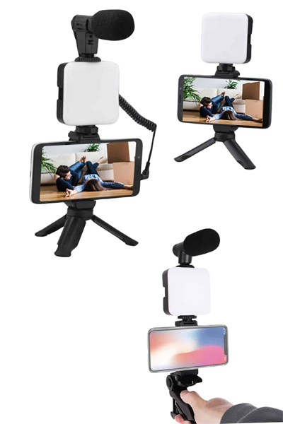 Akıllı Telefon Vlog Kiti Tripod Mini Mikrofonlu Telefon Tutucu